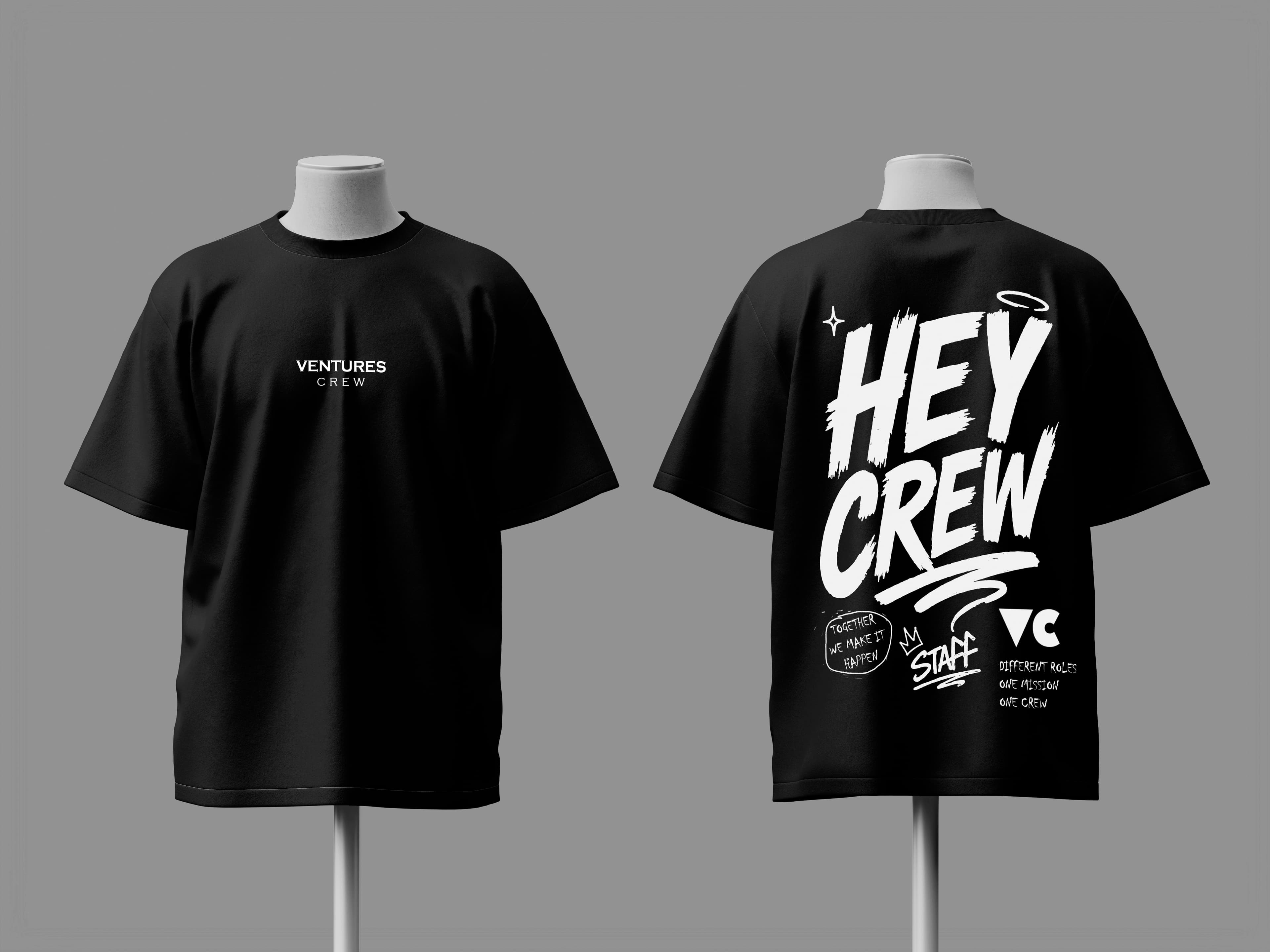 Front and back mockups of a black oversized Ventures Crew T-shirt