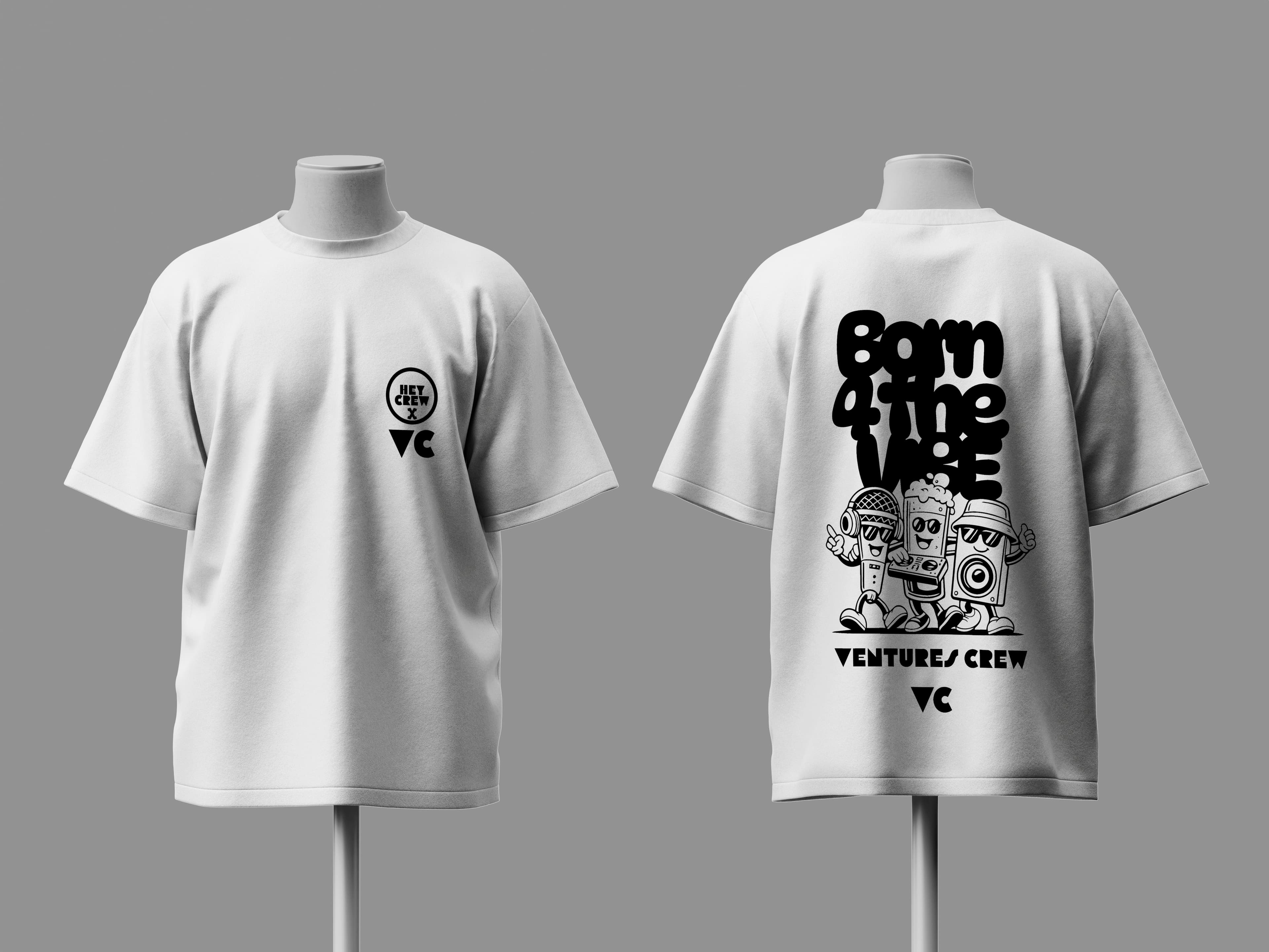Front and back mockups of a white oversized Ventures Crew T-shirt